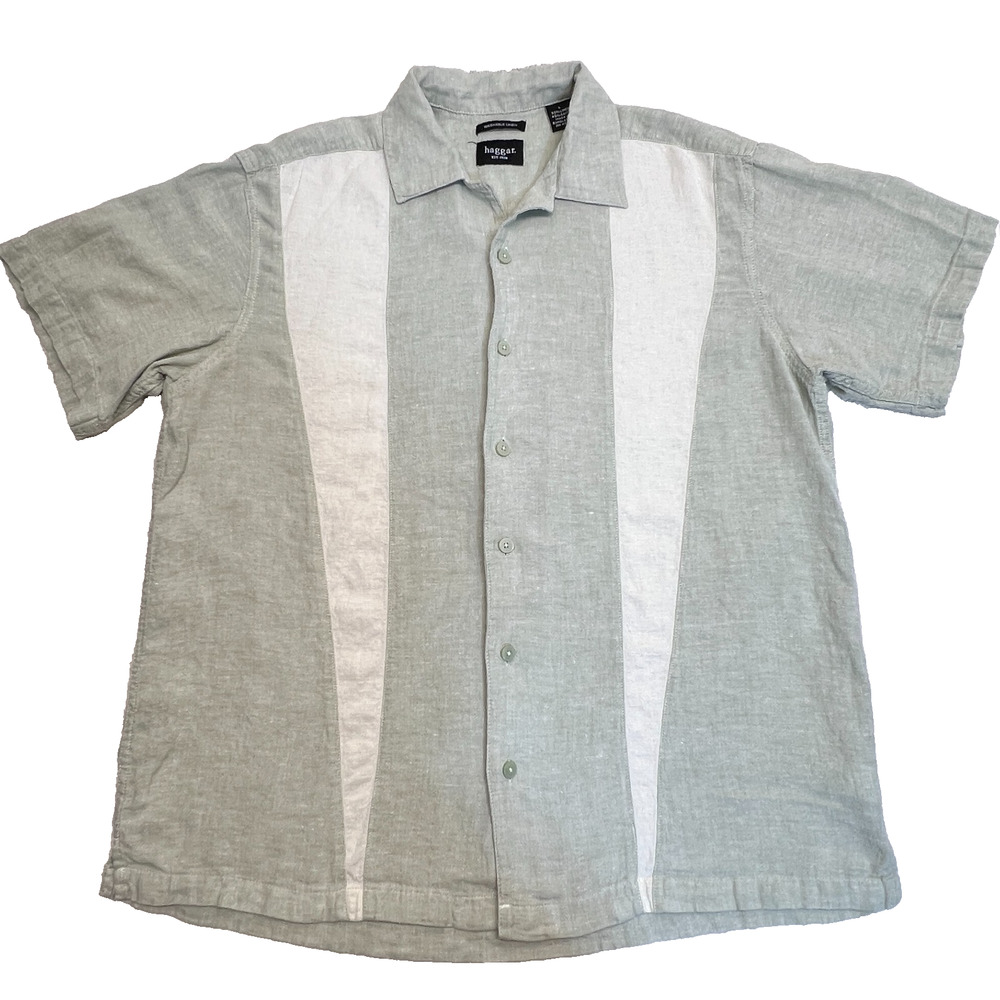 Haggar Mens Button Down Shirt Linen Blend Short Sleeve Stripe Green/White, Sz XL